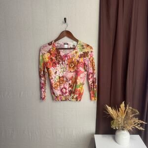 J Crew Sweater Size XS Floral Button Up Lightweight 100% Cotton Knit Thin